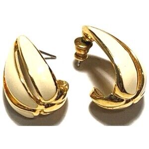 Gold Tone Cream Enamel Swirl Hoop Earrings Chunky Retro Pierced 80s Layered